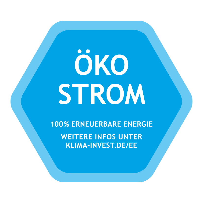 Bild des Ökostrom Siegels, für 100% erneurbare Energie.
