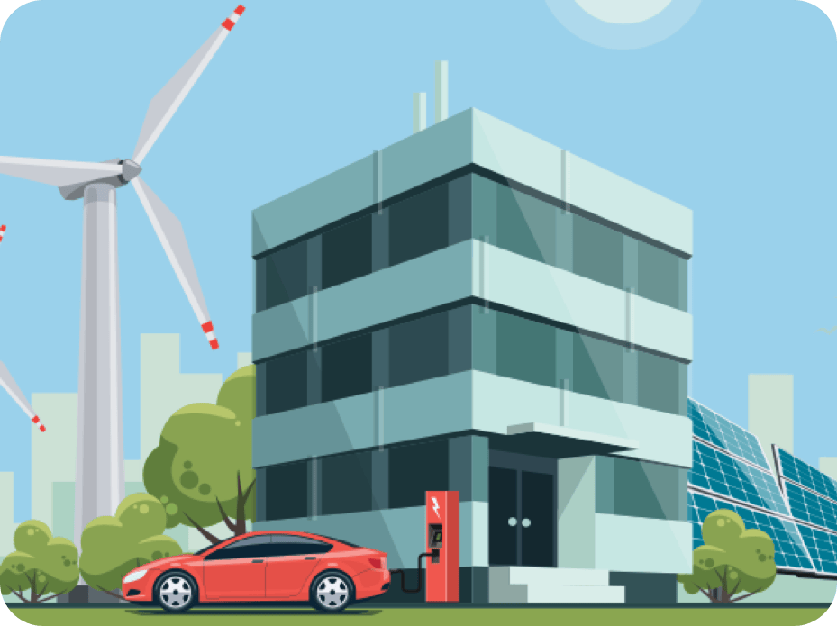 Eine Illustration von einem Hochhaus, vor dem ein E-Auto lädt und im Hintergrund ein Windrad steht.