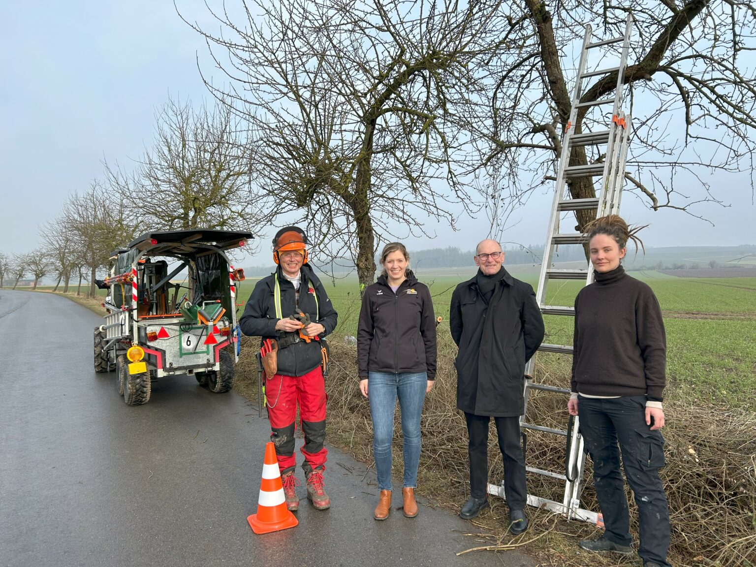 Vier Personen stehen an einer Obstbaumallee an der Schnittarbeiten durchgeführt werden.