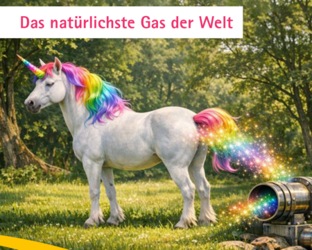 Ein weißes Einhorn mit Regenbogen-Mähne und Schweif steht auf einer Wiese im Wald